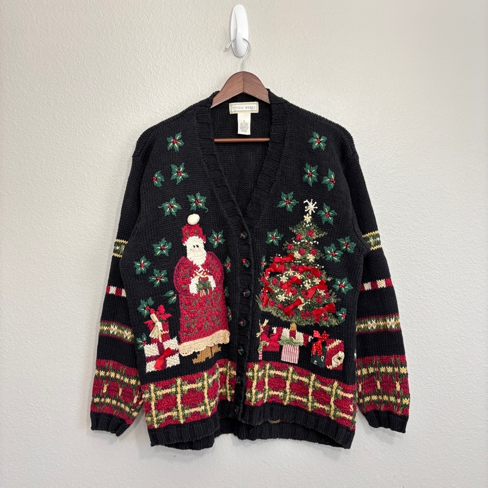 Studio Works Christmas cardigan sweater women’s size small black red